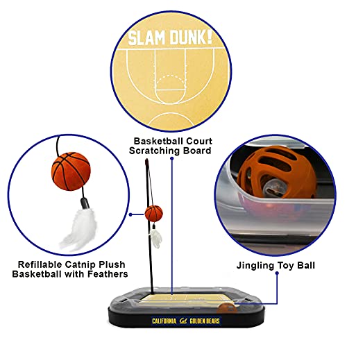 Cat Scratch Toy NCAA CALIFORNIA BERKELEY Golden Bears REVERSIBLE Basketball Court Felt/Cardboard Cat Scratcher. Interactive Cat Ball Bell. 6-in-1 CAT TOY: Cat Wand Poll, CATNIP-FILLED Plush Basketball - color: Golden Bears