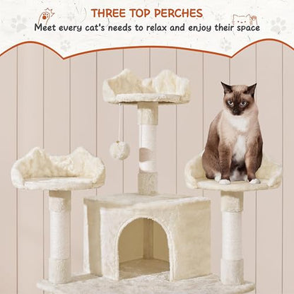 Yaheetech 76.5in Multi-Level Large Cat Tree, Big Cat Tower with 3 Condos, Cozy Plush Perches, 9 Sisal Scratching Posts and Ladder, Activity Center for Large Kitties, Beige - color: Beige