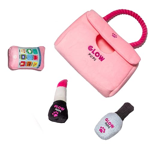Glow Pups Dog Hide and Seek Purse Toy for Dog, Pink Purse Dog Toys Filled with Squeakers & Crinkle Material, Interactive Plush Lipstick, Dog Phone e & Nail Polish Toys for Small Dogs - Pink/Fuchsia - style: Pink Purse Dog Toy with Lipstick, Cell Phone and