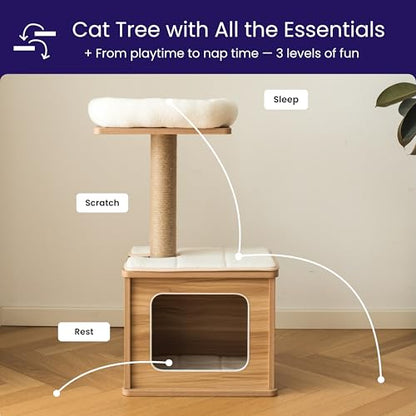 Catry 29.7" Tall 3 Level Laminated Wood Cat Tree with Large Base Condo, 2 Paded Steps, Natural Jute Scratching Post, Sturdy and Easy to Assemble for Small Cat, Brown - color: Brown