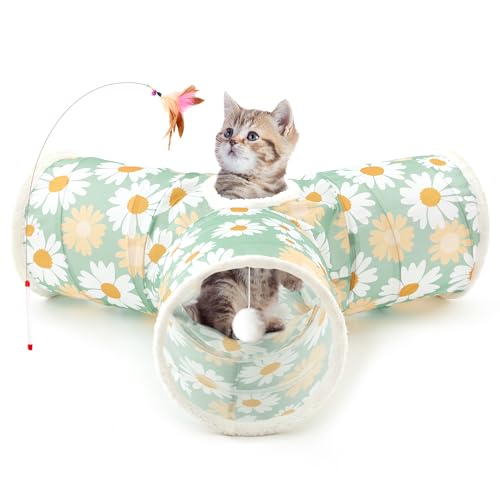 Tempcore Pet Cat Tunnel Tube Cat Toys 3 Way Collapsible, Cat Tunnels for Indoor Cats，Kitty Tunnel Bored Pet Toys Peek Hole Toy Ball Puppy, Kitty, Kitten, Rabbit Daisy Green Printed - color: 3-Way Daisy Green Printed, size: 3-way