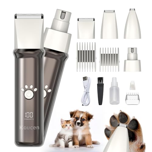 4 in 1 Dog Grooming Kit with LED Display, Dog Grooming Clippers with 4 Guide Combs, Rechargeable Low Noise Cat Hair Trimmer, Pet Paw Trimmer for Cat Dogs Paws Face Ears