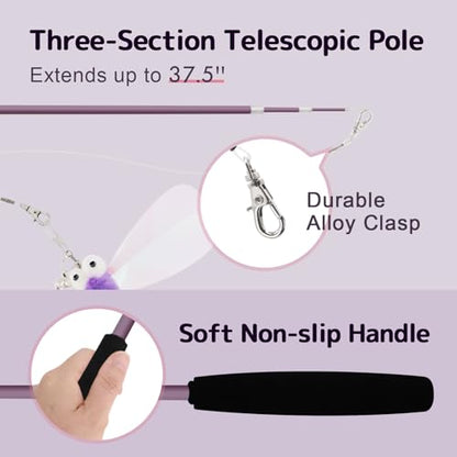 Cat Wand Toys for Indoor Cats - Cat Toy Set with Retractable Teaser Wand and 6 PCS Fairy Feather Toy Refills, Dragonfly Tassel Cat Toys Interactive, Purple - color: Purple