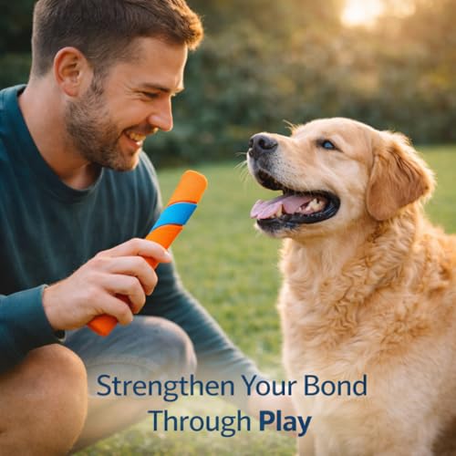 Ultra Fetch Stick Dog Toy, 12 Inch Durable Rubber Stick for Interactive Outdoor Play, Long Distance Throw for Medium to Large Dogs, Orange Blue
