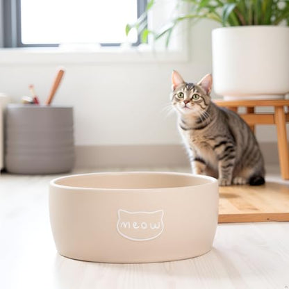 Pearhead Ceramic Cat Bowl – Neutral Taupe “Meow” Design, Holds 12 oz, Stoneware Pet Dish, Whisker-Friendly Pet Feeding, Non-Skid - color: Taupe "Meow", size: Single Bowl
