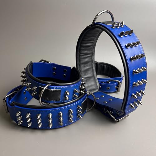 Luxury Leather Spike Dog Collar, Double-Layer Soft Cowhide, Punk Style for Medium and Large Dogs, Pit Bulls, Rowena (Blue,XL-Neck 49-57cm) - color: Blue, size: XL-neck 49-57cm