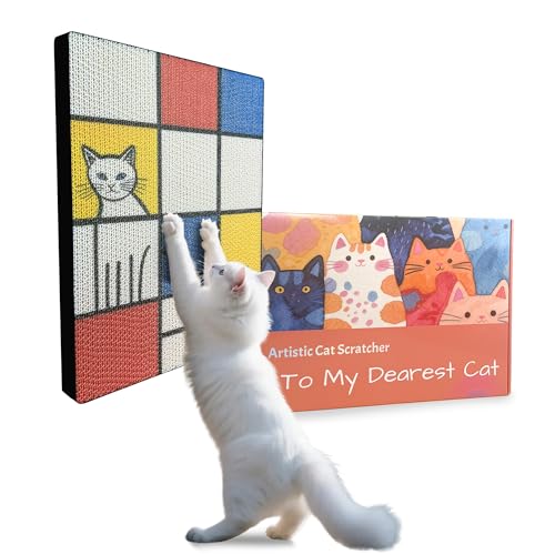 Art Cat Scratching Pad,Wall Scratcher for Indoor Cats - 16.54x11.81x1.18 Inches, Double-Sided Use, Cat Cardboard Scratcher Fits All Breeds & Sizes, Easy to Install,Cat Gifts - color: Mondrian Grid Whisker Haven