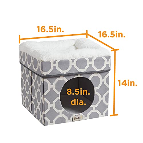 Friends Forever Taylor Upholstered Indoor Cat Bed, Collapsible Pet Cube Home, Kitten House With Sherpa Padding, Non Skid Base, Travel Friendly Foldable Ottoman Condo, Pop Up Tent Cave - Grey / Ivory