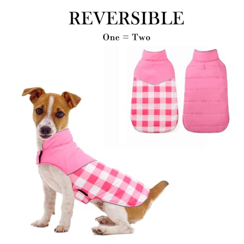 Geyecete Dog Winter Coat,Reversible Dog Coat Water Resistant British Style Plaid Dog Winter Coats Leash Hole Soft Basic Warm Dog Coat Jacket-Pink-M, Medium - color: Pink, size: Medium