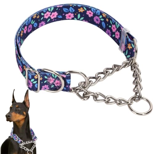 Dog Choke Chain，Stainless Steel Chain Martingale Collar for Dogs, No Pull Slip Cinch Choker Choke Heavy Duty Dog Collar - color: Purple Floral, size: XL(Neck22-28")