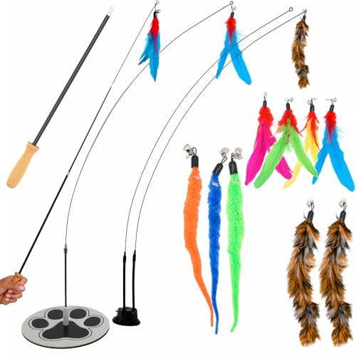 Cat Wand Toy for Indoor Cats - 43 Inch Retractable Fishing Pole Teaser - 9 Feather Attachments - Weighted Round Base - Suction Cup Mount - Bored Adult Feline Hunting Exercise - Kitten Juguetes Set - color: Meow Motion Bundle