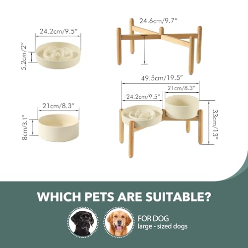 Havniva 9.5” Raised Slow Feeder Dog Bowls Set, 3.2 Cups Ceramic Slow Feeder Dog Bowl and 8.2” Dog Water Bowl with Elevated Wooden Stand Puzzle Dog Food Bowl for Large Dogs Anti-Gulping & Anti-Choking - color: 2 x Light Yellow+Stand-A, size: 9.5inch