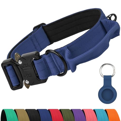 Joytale Tactical Dog Collar for Medium Dogs with Control Handle, Heavy Duty Military Training Collar for Power Breeds, AirTag Holder Case, Quick Release Metal Buckle, Soft Padded, M, Navy Blue - color: Navyblue, size: M-1.0"×14-18"