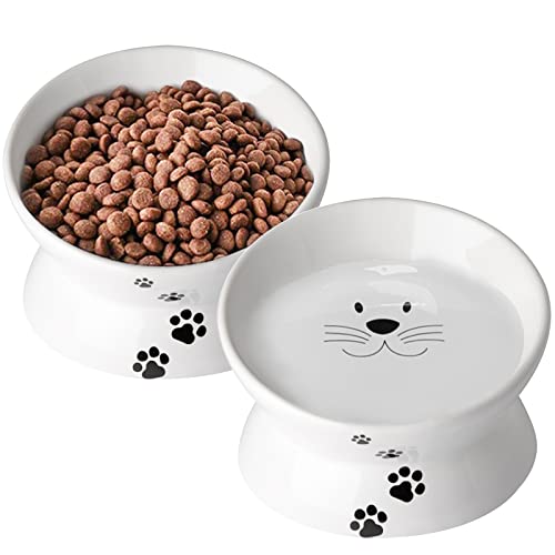 Cat Food Bowls, 10 OZ Elevated Cat Bowls for Cats and Small Dogs, Tilted Pet Feeder Bowl with Raised Stand Protect Cat's Spine, Ceramic Cat Water Bowl No-Spill, Stress Free Cat Dish 1pcs - color: White*1