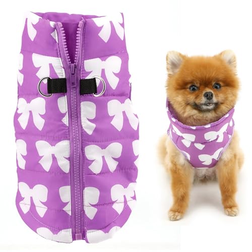 SMALLLEE_LUCKY_STORE Pet Water Resistant Winter Jacket Vest with D-Ring for Small Dog Cat Zip-up Padded Puppy Coat Chihuahua Yorkie Kitten Warm Clothes, Purple, M - color: purple, size: M(chest 16.5" back 12.6")