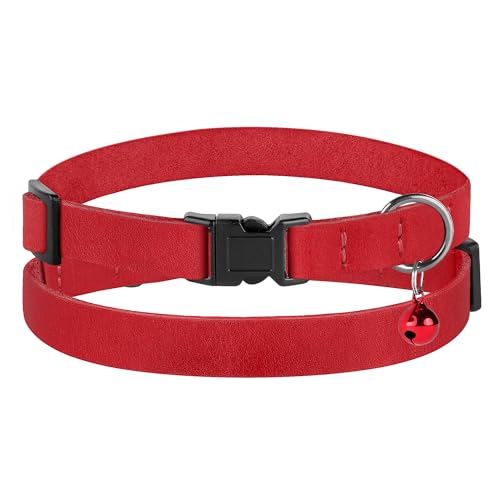 Breakaway Cat Collar Leather with Removable Bell - 13 Colors Available - Soft Adjustable Girl Boy Safety Lightweight Pet Kitten Collars Pink Brown Blue Green Red Orange Black (Red) - color: Red