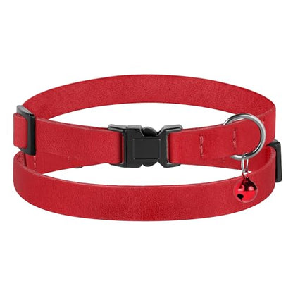 Breakaway Cat Collar Leather with Removable Bell - 13 Colors Available - Soft Adjustable Girl Boy Safety Lightweight Pet Kitten Collars Pink Brown Blue Green Red Orange Black (Red) - color: Red