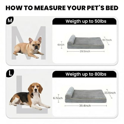 Orthopedic Medium Dog Bed 30 x 20Inch, Egg-Crate Memory Foam Pet Bed with Pillow, Comfortable Dog Couch with Removable Washable Arctic Velvet Cover, Waterproof Non-Slip Bottom Gray - size: 29.6" L x 19.7" W x 5.6" H--One side