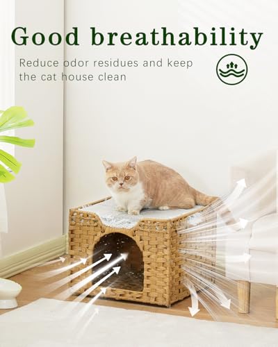 SETVSON Cat Beds Indoor Kitten House, Handwoven Rattan Cat Cave Pet Cube, Large Cat Houses, One Bed Mat, Foldable, Hideaway, 16.5x16.5x13.2 Inches, 2 S-Shaped Hooks in Living Room Bedroom Natural - color: Natural, size: Rectangle-M