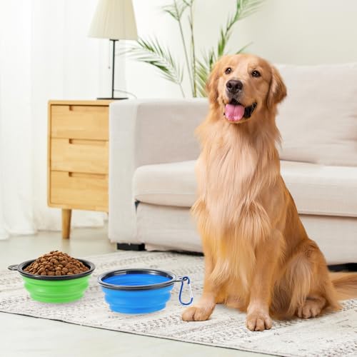 Collapsible Dog Bowls, 2 Pack Travel Dog Bowls, Portable Pet Feeding Water Dish for Pet Walking Parking Traveling with 2 Carabiners (Small, Blue+Green)