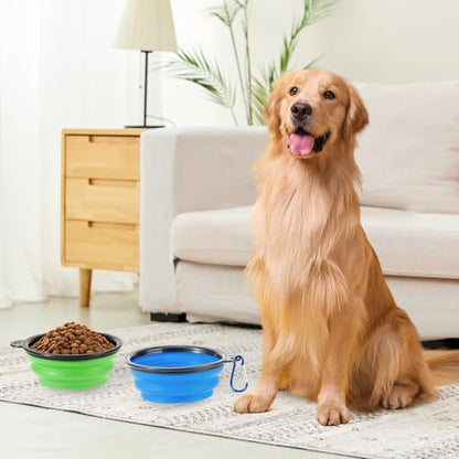 Collapsible Dog Bowls, 2 Pack Travel Dog Bowls, Portable Pet Feeding Water Dish for Pet Walking Parking Traveling with 2 Carabiners (Small, Blue+Green)