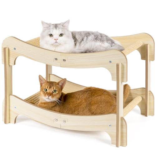 Two-Tier Sisal Cat Scratcher Bed Durable Cats Hammock Lounge for Scratching Pad, Wood Scratch Board for Indoor Kittens & Adult Cats, Easy Assembly Cats Furniture