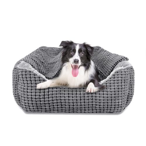 GASUR Dog Beds for Large Medium Small Dogs, Rectangle Cave Hooded Blanket Puppy Bed, Luxury Anti-Anxiety Orthopedic Cat Beds for Indoor Cats, Warmth and Machine Washable (25 inches, Grey) - size: M (25"x 21"x 8")