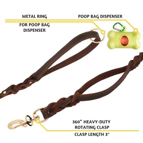 ADITYNA - Double Handle Leather Dog Leash 6ft - Heavy Duty Braided Dog Leash with Traffic Handle - Lead for Training and Walking Medium Large Breeds (Brown, Two Handles 6 Foot x 5/8") - color: Brown, size: Two Handles 6 foot x 5/8"