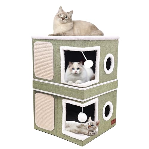 2-Story Cat House for Indoor Cats, Dual-Purpose Cave Bed with Scratch Pad and Fluffy Ball, Foldable Cat Hideaway, Cute Condo Furniture for Multi Small Pet Kitten, Green - color: Green, size: Double