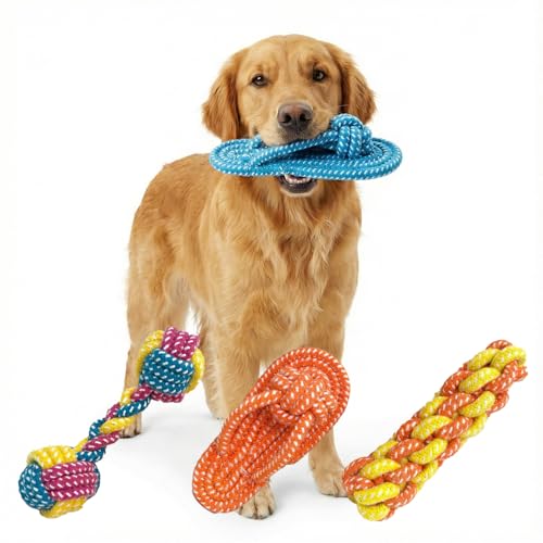 Dog Rope Toys 3 Pack, Cotton Rope Chew Toys Set with Dumbbell Flip Flop and Stick Shapes, Interactive Tug Puppy Toys for Teeth Cleaning, Colorful Assorted - size: 3 different
