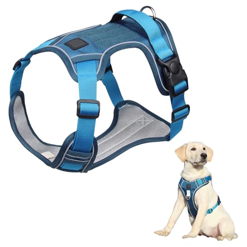 dPois Adjustable Reflective Dog Harness with Back Handle Tactical Padded Vest for Control Easy Walking Large Breed Dogs Blue Large - color: Blue, size: Large