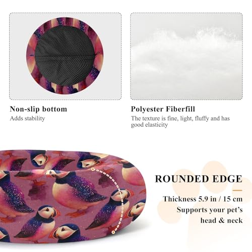 Calming Donut Dog Bed Puffins Purple Design, 22" Washable Pet Lounger with Removable Cover, Cozy Cushion Comfort Nest for Medium Dogs - size: Medium