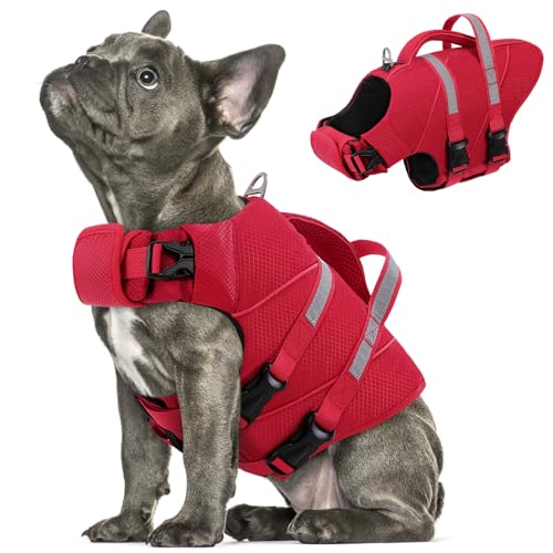 Queenmore Dog Life Jackets for Medium Dogs for Swimming, Boating & Kayaking, High Buoyancy Ripstop Reflective Pet Life Vest with Rescue Handle & Leash Hook for Dogs 10-20 lbs, Red - color: Hi-Vis Red, size: Medium