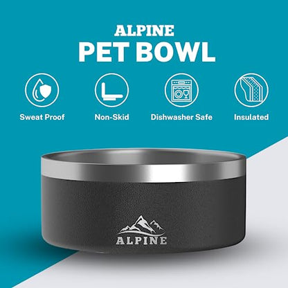 Alpine Set of 2 Stainless Steel Dog Bowls, Non Slip, Metal Pet Bowl for Food and Water, Double Walled Insulated, Rustproof, Dishwasher Safe - Black (AB) - color: Black, size: 32 oz