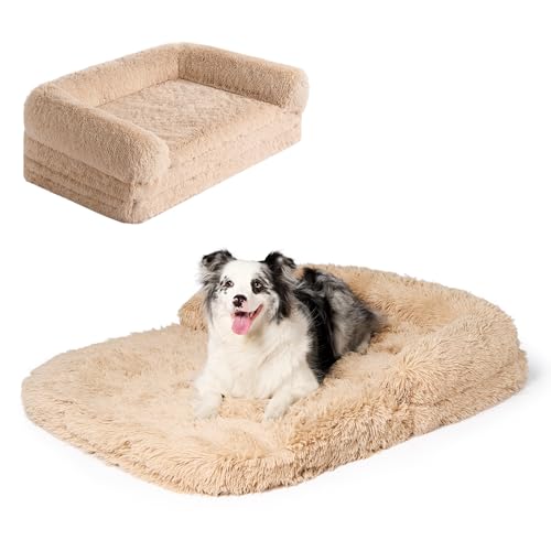 EHEYCIGA Foldable XXL Dog Bed for Large Sized Dog, 54"x38"x7.5" Faux Fur Fluffy Pet Couch Bed, Orthopedic Calming Memory Foam Big Pet Bed, Washable Pet Sofa Bed with Non-Slip Bottom, Camel - color: Camel, size: 54x38x7.5(Folded 38x27)