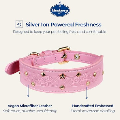 Blueberry Pet Premium Embossed Pink Glam Silver-Powered Freshness Microfiber Leather Dog Collar with Gold Studs - color: Pink, size: Small