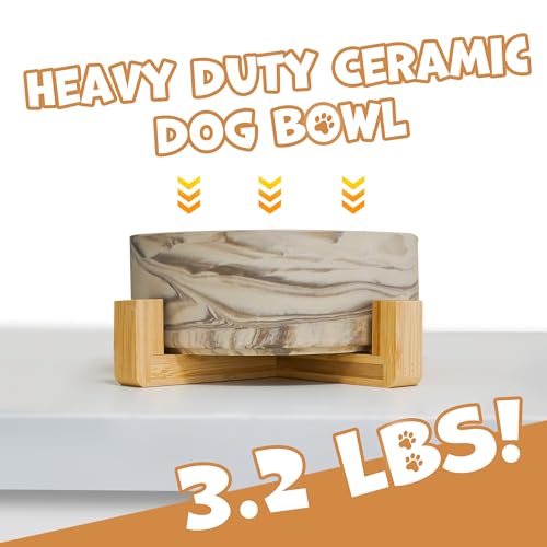 YOBRO Large Dog Bowl with Stand, 8" Non-Slip Ceramic Food or Water Bowl for Large Breed Dogs, Wide Open for Multiple Dogs, Modern Marble Design, Brown