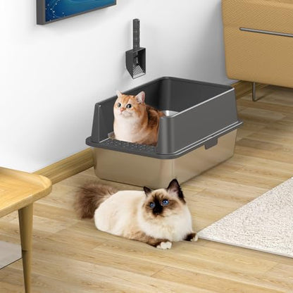 2PACK Stainless Steel Cat Litter Box with High Sides Lid, Extra Large XL Litter Box for Big Cats, Metal Kitty Litter Boxes with Anti-Leakage Enclosure,Non-Stick,Odorless,Scoop Included - color: 2PK-Dark Grey