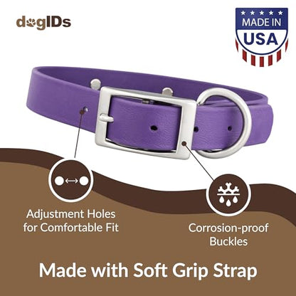 dogIDs Personalized Dog Collar – Custom Waterproof Soft-Grip Biothane with Laser-Engraved Nameplate, Durable & Odor-Resistant, USA Made | Purple, 1 in x 16 in (Fits Necks Size 14-18 in) - color: Purple, size: 1 in x 16 in (Fits Necks Size 14-18 in)