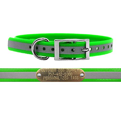 Outdoor Dog Supply Personalized 3/4” Reflective Lime Green Waterproof D-Ring Dog Collar for Small & Medium Dogs | 3/4" Custom Brass Nameplate (15") - color: Reflective Lime Green, size: 15" Long