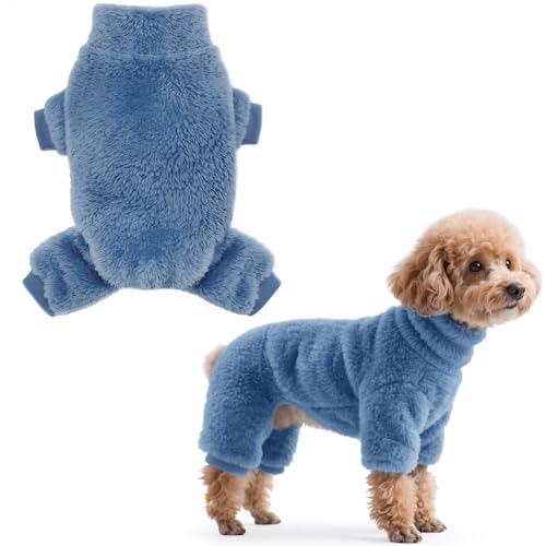 Idepet Velvet Dog Pajamas, Turtleneck Pet Sweater Fuzzy Plush Onesie Soft Cat Apparel Pet Clothes Winter Outfit Doggy Pjs Puppy Jumpsuit for Small Dogs Cats (Blue,M) - color: Blue, size: Medium