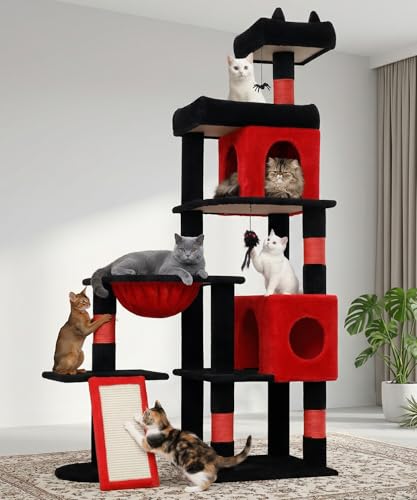 68 Inches Heavy Duty Cat Tree for Indoor Cat, Big Cat Tower with Sisal Scratching Posts and Top Perch, Large Platform for Adult Cats, PMT02RD, Black Red - color: Black Red