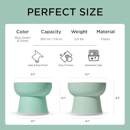 Necoichi 2pcs Elevated Cat Water Bowls with Measurement – BPA-Free Plastic Raised Bowls to Reduce Whisker & Neck Fatigue – Dishwasher Safe – Non-Slip, Anti-Vomiting (Ocean Mist) - color: Blue Green and Green (Ocean Mist)