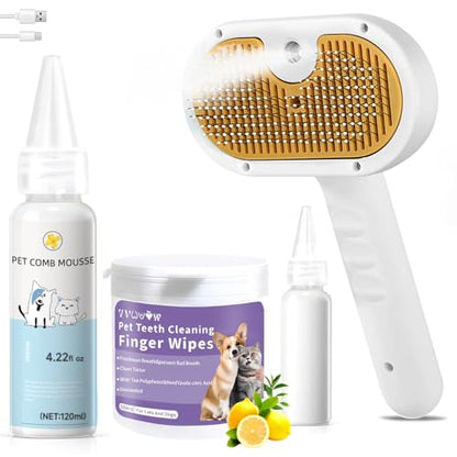Pet Steam Brush for Dog & Cat – 3-in-1 Spray Hair Removal Comb for Shedding & Grooming, Softens Fur & Reduces Static – Water Brush for Long & Short Coats, Bath-Hating Pets, Includes Waterless Shampoo - size: 7.8″-171ML