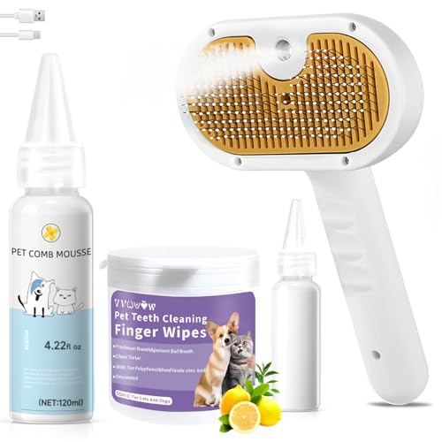 Pet Steam Brush for Dog & Cat – 3-in-1 Spray Hair Removal Comb for Shedding & Grooming, Softens Fur & Reduces Static – Water Brush for Long & Short Coats, Bath-Hating Pets, Includes Waterless Shampoo - size: 7.8″-171ML