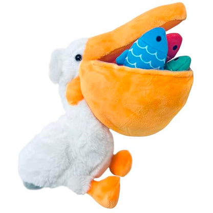Off the Wall Toys Charlie & LEW Interactive Pelican & Fish Hide and Seek Toy - Crinkle Squeaky Fun for Small Breed Dogs & Cats, Durable & Engaging Fun and Bright Colors
