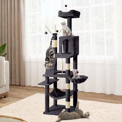 YITAHOME 64.5" Cat Tree, Multi-Level Cat House, Large Cat Condo Furniture with Perch Hammock, Scratching Posts and Dangling Balls for Kittens, Cats and Pets,Dark Gray - color: Dark Gray, size: 64.5inch