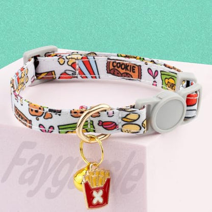 Faygarsle 2 Pack Breakaway Cat Collar with Bells for Female Malel Cats Cute Blue White Collar with Pizza Fries Charm for Cats - color: Blue&White