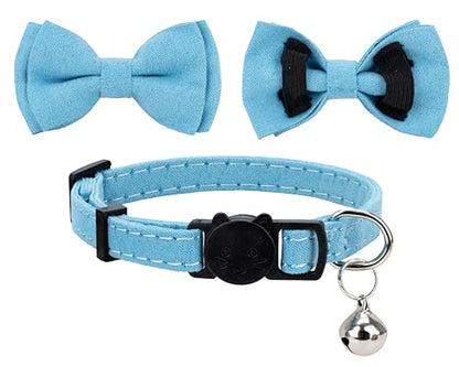 Cat Collar with Bow Tie Bell Breakaway Kitten Small Pet Safety Solid Wedding Basic Pure Color Suede Soft Adjustable [1pc] Blue - color: [1pc] Blue