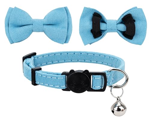 Cat Collar Breakaway Bowtie Safety with Bell Adjustbale Kitten Puppy Solid Plaid Color Set J-[2pcs] Blue - color: J-[2pcs] Blue